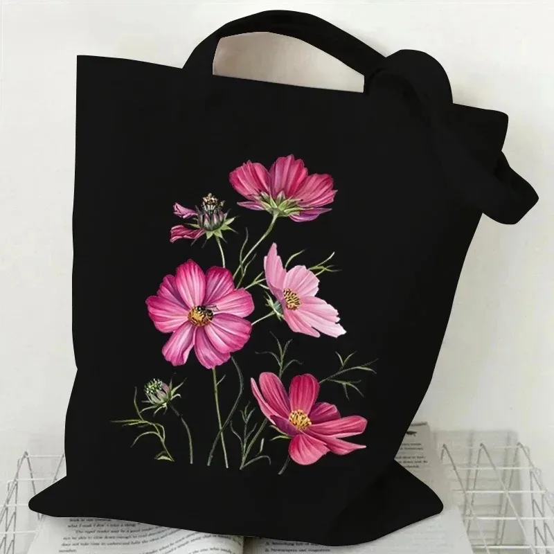 

Casual Canvas Tote Bag Oil Painting Wildflowers Print Lady Shoulder Shopping Bag Plant Style Daisy Vintage Flower Women Handbag
