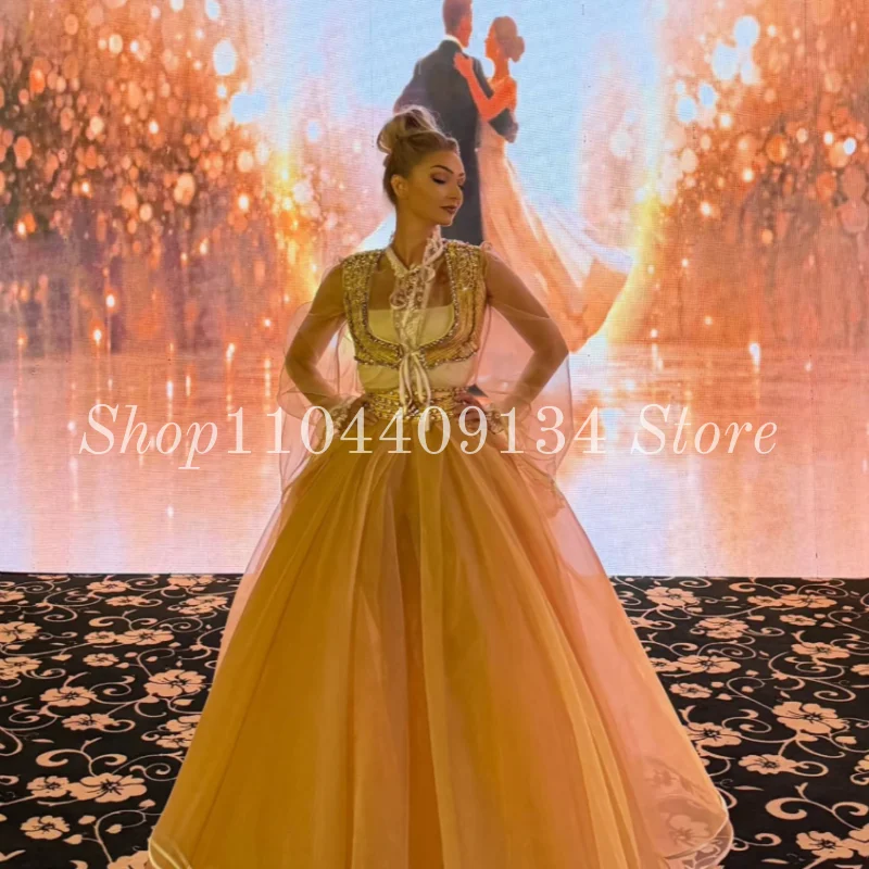 Luxurious Fluffy Formal Evening Gown Champagne Traditional  Albanian Tulle Long-Sleeved Gold Embroidered Prom Dress Customized