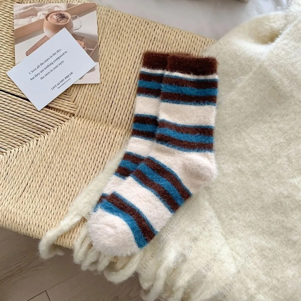

Soft Striped Socks Thickened Warm Mink Fleece Socks Middle Tube Socks Women