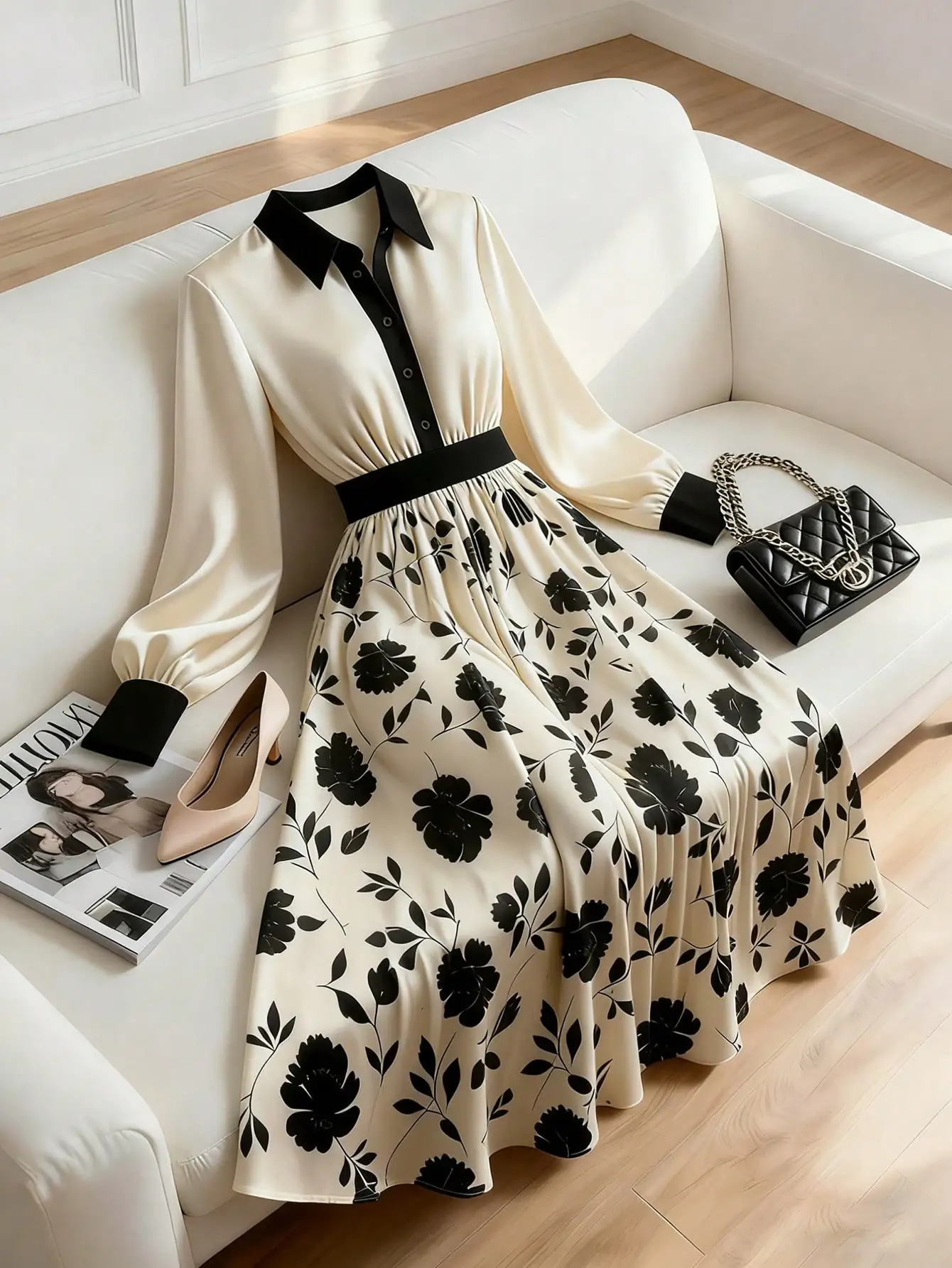 

Cream Floral Print Shirt Dress with Black Collar and Waistband