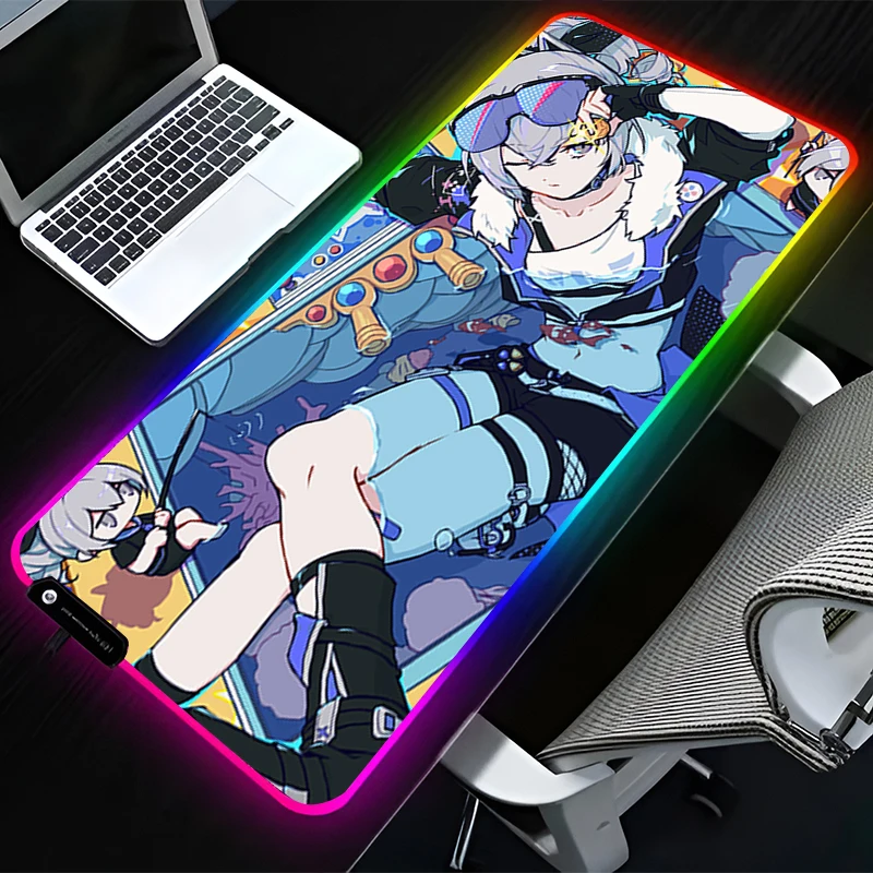 

RGB LED Mouse Pad Rubber Mousepad Gaming Accessories Keyboard Pad Office Non Slip Desk H-honkai Star Rail Silver Wolf Mouse Mat