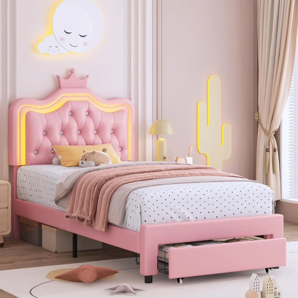 

Twin Upholstered LED Bed Frame with Storage Drawer, Leather Princess Platform Bed with Adjustable Crystal Button Tufted Crown