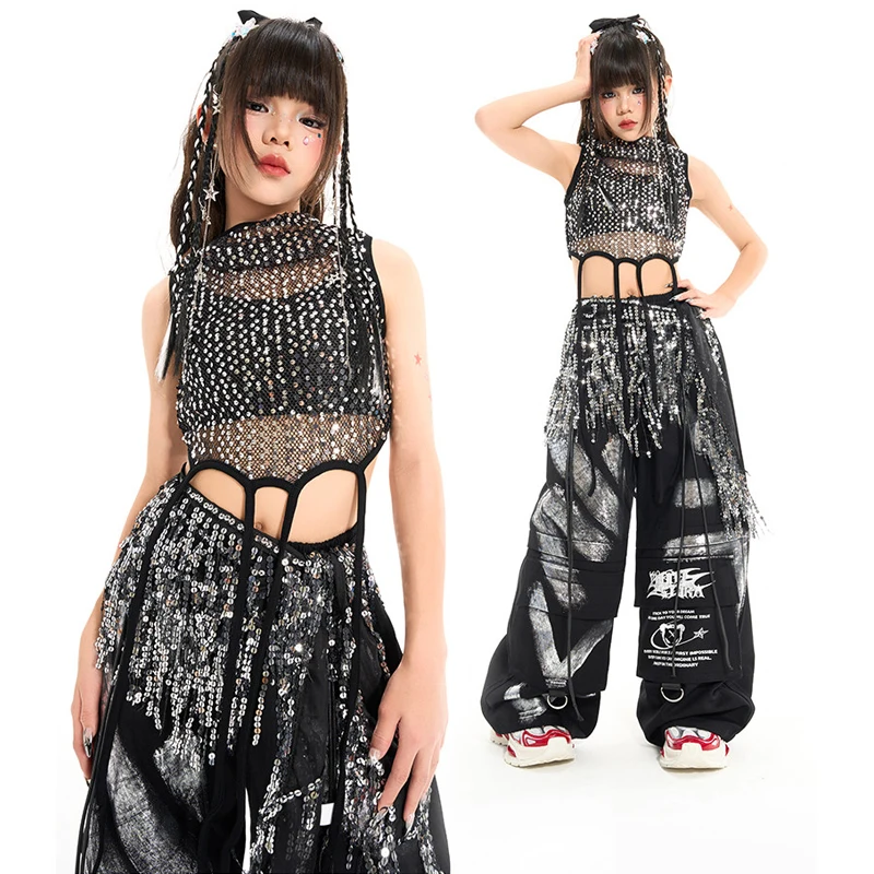Summer Girls Jazz Dance Clothing Street Wear Kids Hip Hop Dance Costume Sequins Top Jogger Pants Stage K-pop Outfit XS11360