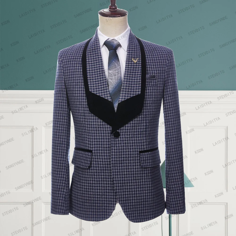 

2023 New Men Wedding Party Summer Blue White Reto Classic Plaid Black Shawl Lapel Jacket Fashion Casual Slim Suit Blazer Coat