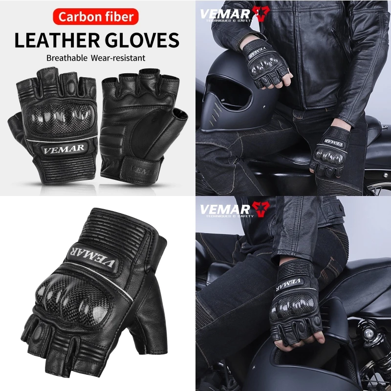 

Vintage Half Finger Motorcycle Gloves Breathable Leather Gloves Carbon Fiber Shell Guard Riding Half Finger Gloves