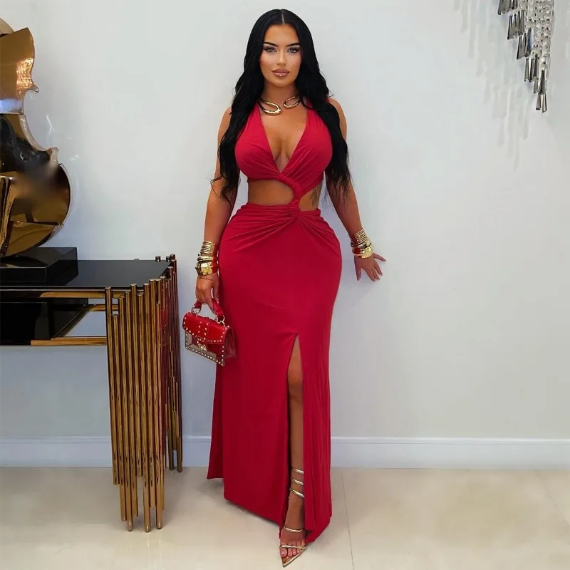 Doyerl Draw String Ruched Evening Dress Women Elegant V-neck Sleeveless Cut Out Night Club Party Prom Bodycon Long Dresses Robe