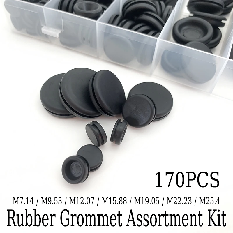 

170PCS Rubber Grommet Washers Kit Flame Retardant Dustproof Insulating Hole Plugs M7.14/M9.53/M12.07/M15.88/M19.05/M22.23/M25.4