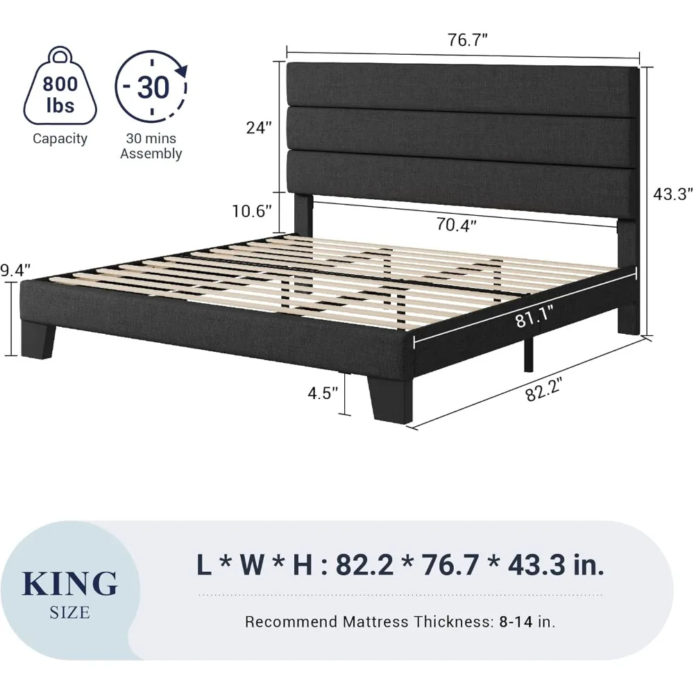 Bed Frame Platform Bed with Fabric Upholstered Headboard and Wooden Slats Support, Fully Upholstered Mattress Found