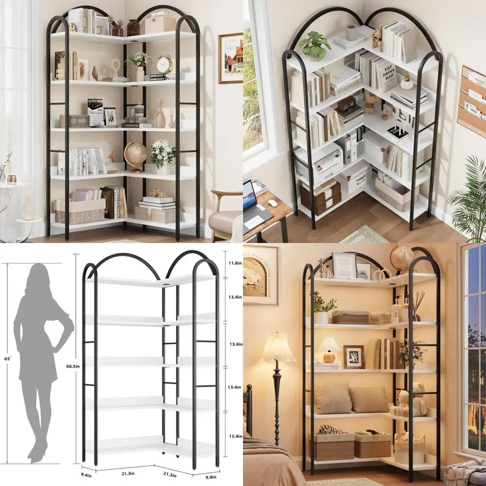 

L-образная 5-ярусная угловая книжная полка промышленного стиля с металлическим каркасом