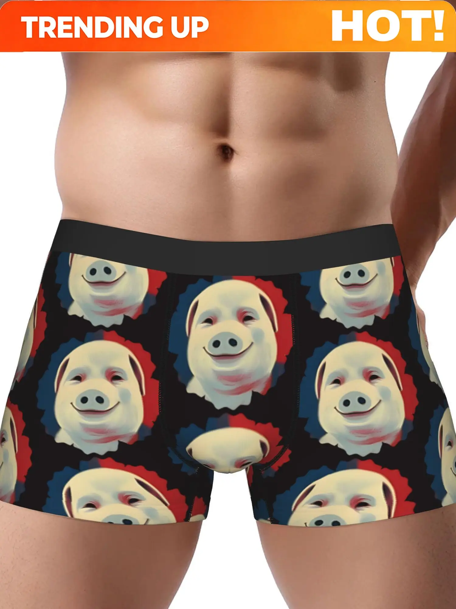 BIIHUDU Men'S Boxer Briefs with John Pork Funny Pig Face Print - Comfortable Stretch Fabric, Black with Colorful Design, Casual