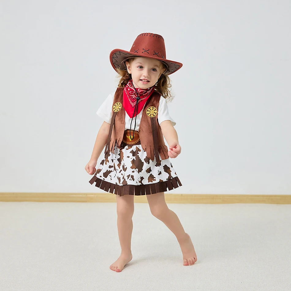 

4/5 Pcs Set Girls Cowboy Role Play Skirt Clothes Vest Set Skirt Sets Kids Spring Autumn Halloween Cosplay Performance Costumes