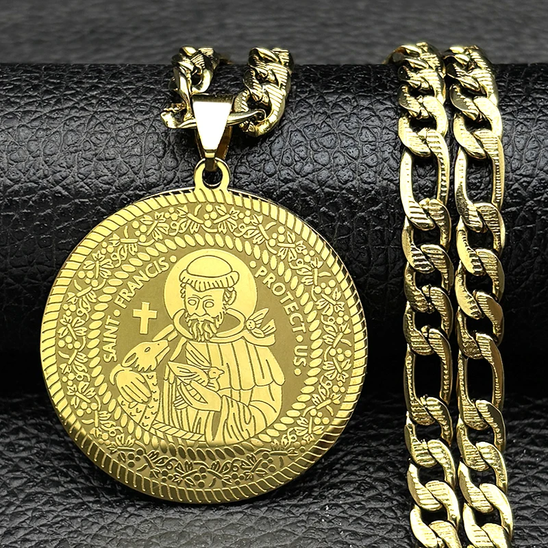 الكاثوليكية سانت فرانسيس حماية لنا قلادة للنساء الرجال الفولاذ المقاوم للصدأ الذهب اللون الحيوان ميدالية الشرير سلسلة تميمة المجوهرات هدية #2