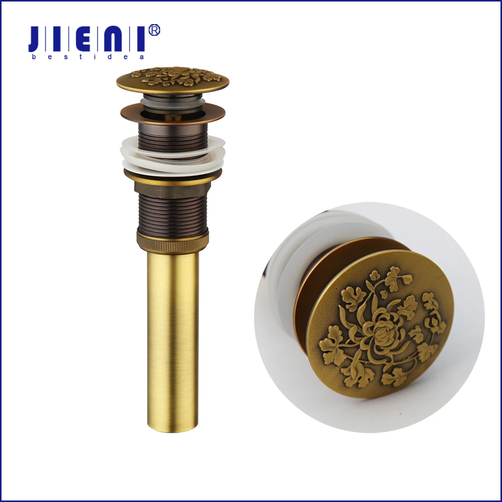 JIENI Carved Designs Golden Polished Estate Faucet Accessories W/o Overflow Pop Up Drain Sink Waste Drain Golden Plum Blossom