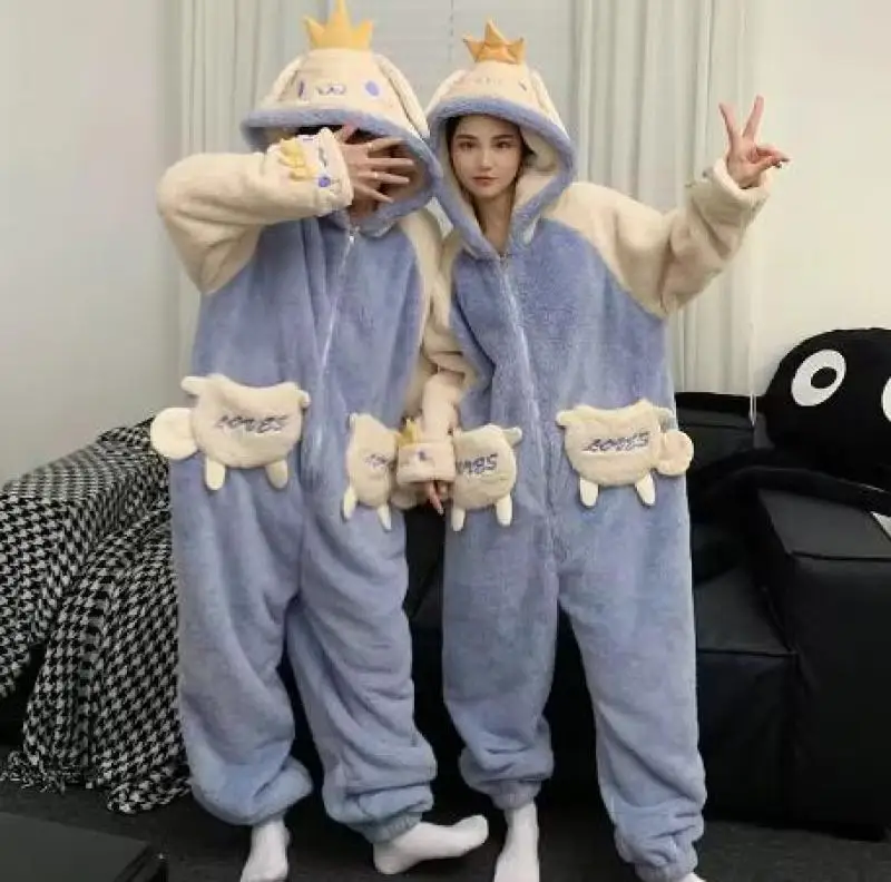 Anime Sanrios Cartoon Plush Pajamas Kawaii Kuromi Creativity Couple Hooded Nightwear Suit Winter Boys Girls Conjoined Homewear