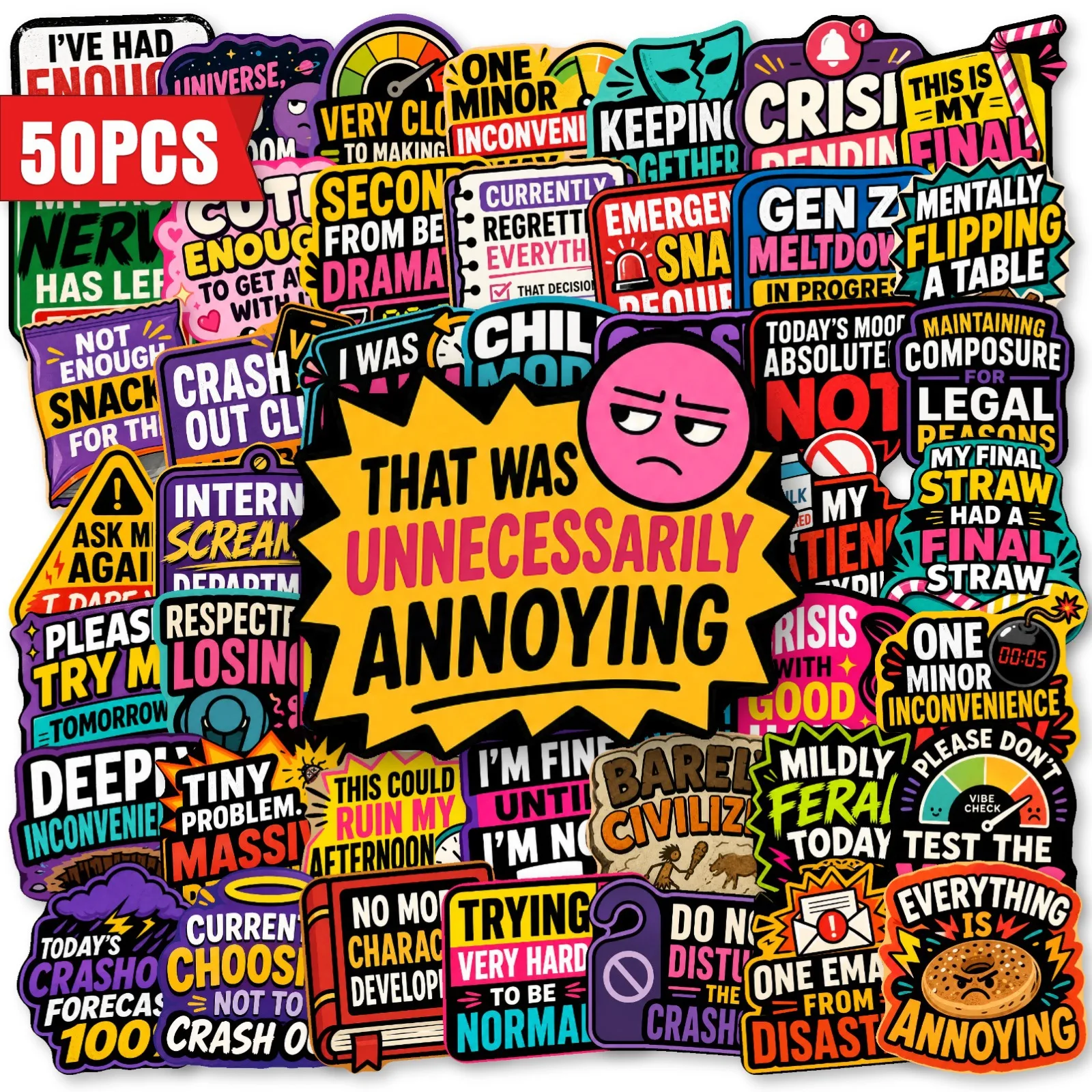 50 PCS Colorful Fun Complaining Text Funny Stickers Pack Decorate Luggage Helmet Skateboard Bike Storage Box Removable Decals