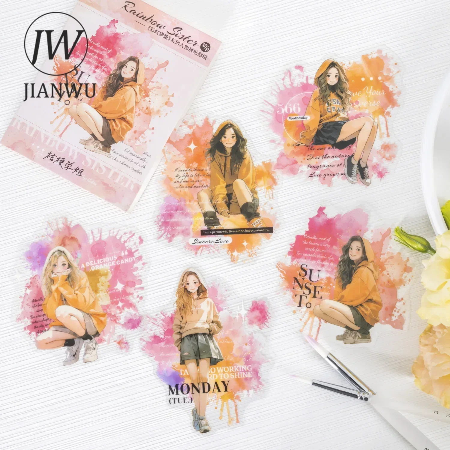 JIANWU Rainbow Sisters Series Kawaii Character Material Collage PET Sticker Creative DIY Journal Scrapbooking Stationery