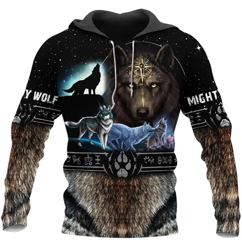 Men's Spring And Autumn Fashion Animal Wolf 3d Printed Loose Breathable Large Size Hoodie Harajuku Retro Comfortable Jumper