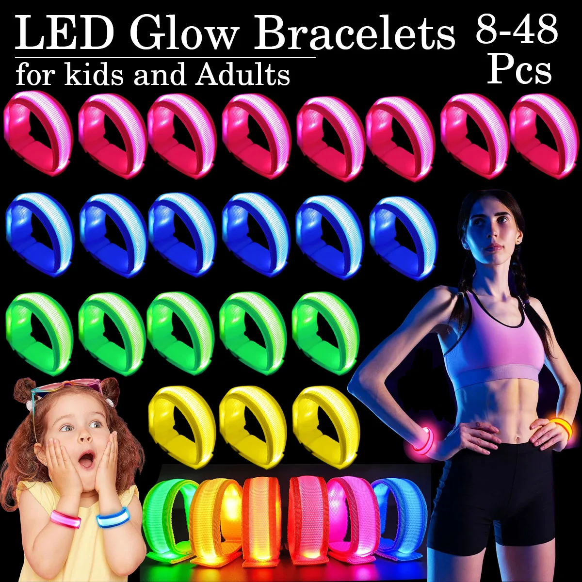 8-64Pcs Led Luminous Bracelet Light Up Bracelet Wristband for Kids Flashing Sports Wrist Strap Glow InThe Dark Party Supplies