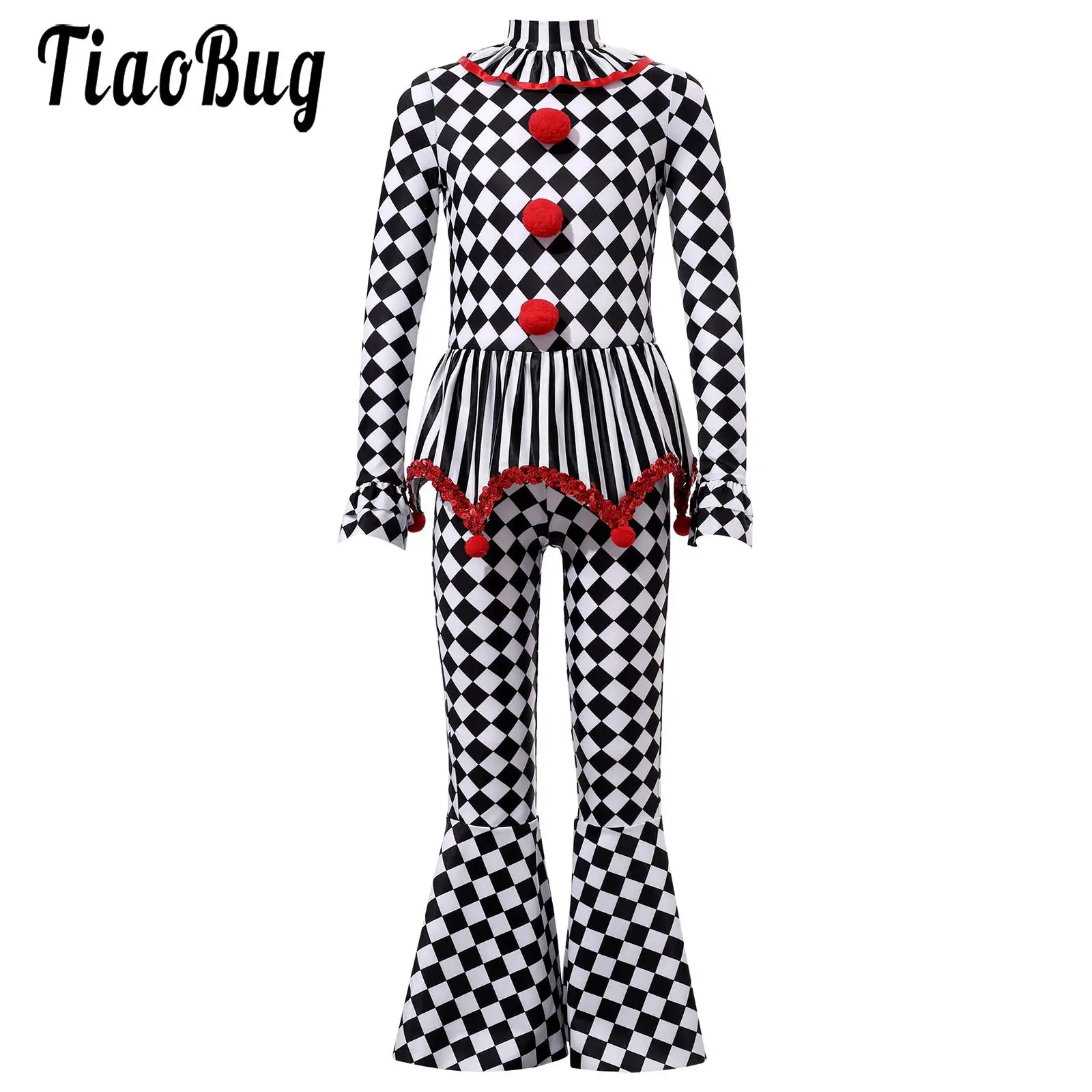 

Kids Girls Clown Costumes Checkerboard Stripe Sequins Flare Pants Jumpsuit Halloween Carnival Party Circus Role Play Dress-up