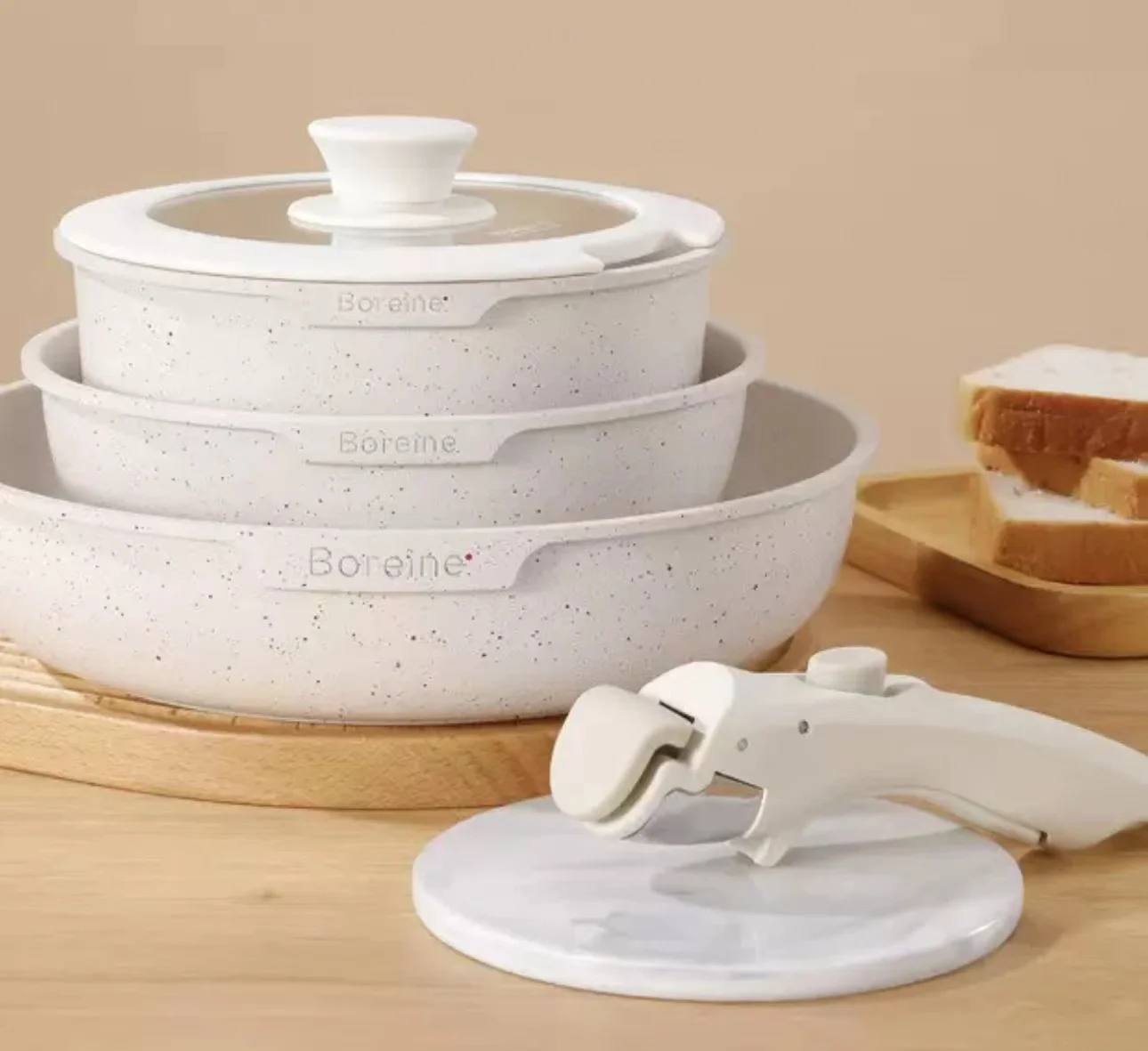 

Kitchen Academy Detachable Handle Induction Cookware Sets Non-stick Cooking Pots and Pans Granite Stackable RV Cookware for Cam