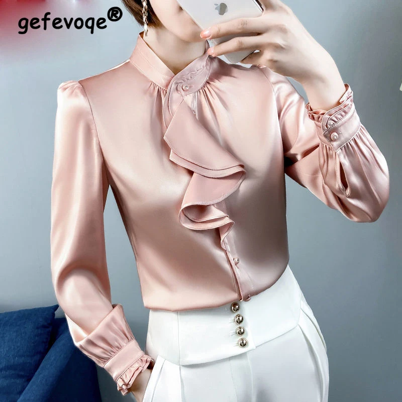 Feminine Blouse Spring Autumn New Elegant Fashion Wave Cut Ruffles Office Lady Shirts Long Sleeve Stand Collar Solid Tops Women