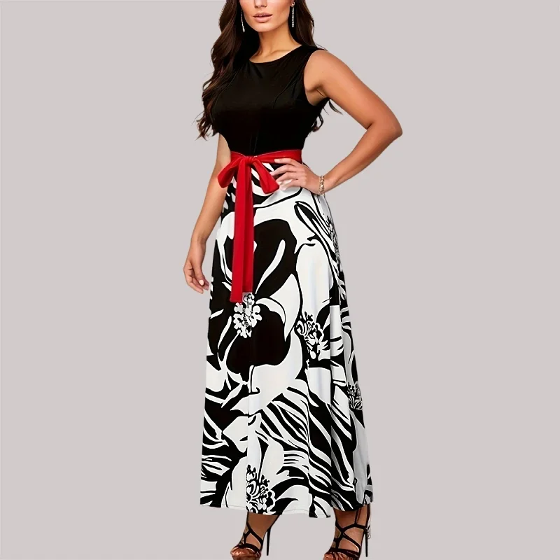 

New Arrival Hot Sale Womens Sexy Round Neck Short Sleeve Random Printed High Waist Tie Plus Size Dresses Ladies Clothes Dresses