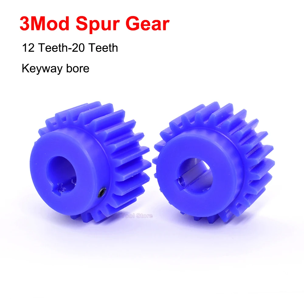 1Pc 3M Blue Nylon Spur Gear 3 Mold 12-20 Teeth Plastic Motor Spur Gear With Step Keyway Bore 14/15/16/18/20/22/24/25/28/30mm