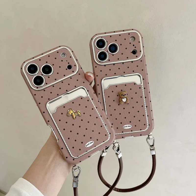 

Korean Cute Cartoon horse Bear wallet card holder Polka Dots leather phone Case For iPhone 13 14 15 17 16 Pro Max Strap Cover﻿