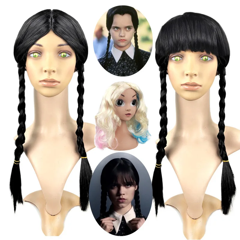 Wednesday Addams Cosplay Wig For Girl 2023 New Double Braided Wigs Hocus Pocus Frozen Girls Princess Elsa Wig Accessories Cos