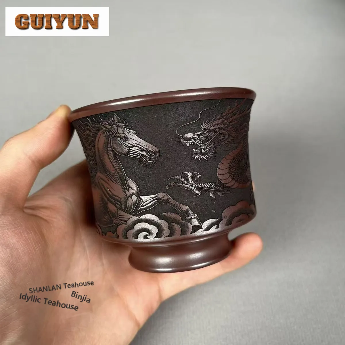 

Чайная чашка из исинской глины (180 мл) с изображением Дракона и Лошади, антикварная чаша для чая, кружка для дегустации, персональная чашка, мастер-чашка для чайной церемонии, для кафе