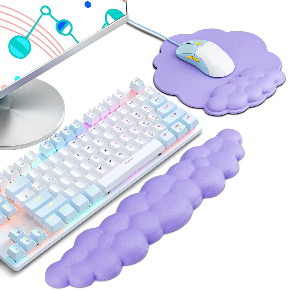 Nuvem kit de descanso de pulso teclado ergonômico descanso de pulso mouse descanso de pulso computador jogos descanso de pulso base antiderrapante fácil de usar roxo