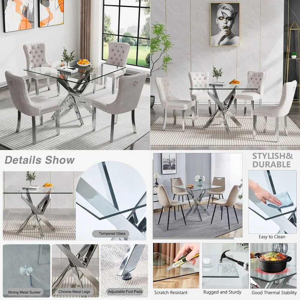 

Dining Room Table Set for 4, 5 Piece Dining Table Set with 35 Square Glass Dining Table amp Upholstered Velvet Chairs Set of 4,