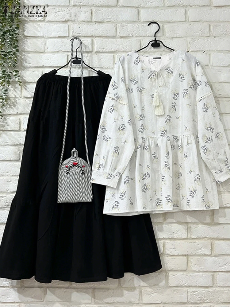 

ZANZEA 2025 Autumn Long Dress Sets Women Tassel Blouse Skirts Fashion Long Sleeve Suits Casual Loose Printed Matching Sets