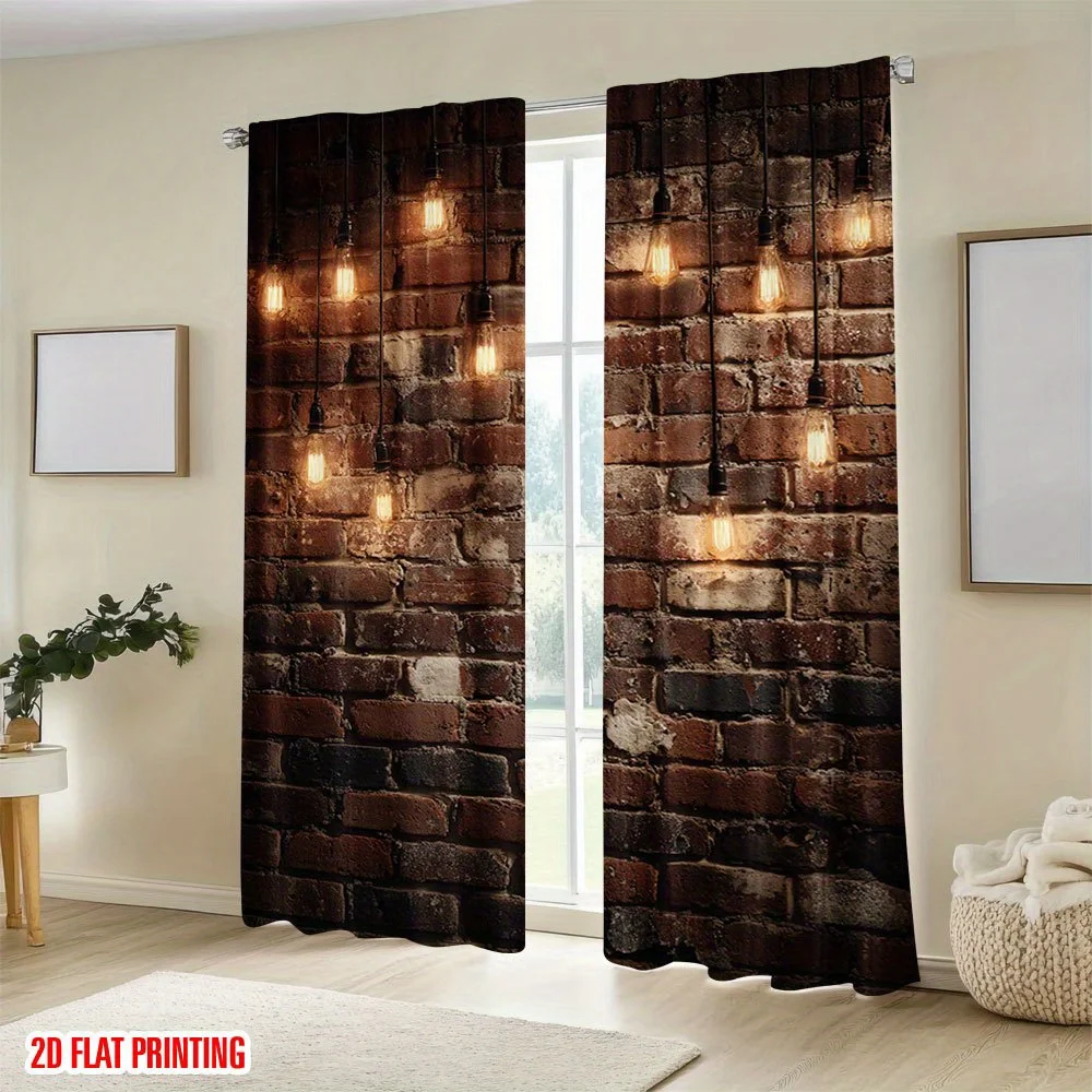 Rustic Industrial Brick Wall Edison Bulb Rod Pocket Window Curtains - Vintage Room Decor Set of 2 Panels