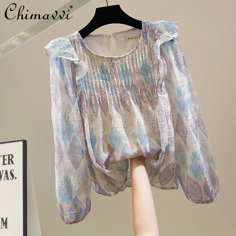 

2025 New Autumn Fashion Heavy Printed Patchwork Ruffled Round Neck Pullover Shirt Fashion Long Sleeve Loose Elegant Women's Top