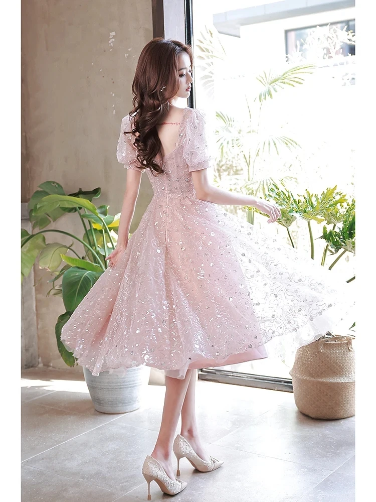 Customized Pink Evening Dresses Short Elegant Sweetheart Neck A-Line Tea-Length Sequined Lace Tulle Women Engagement Dresses