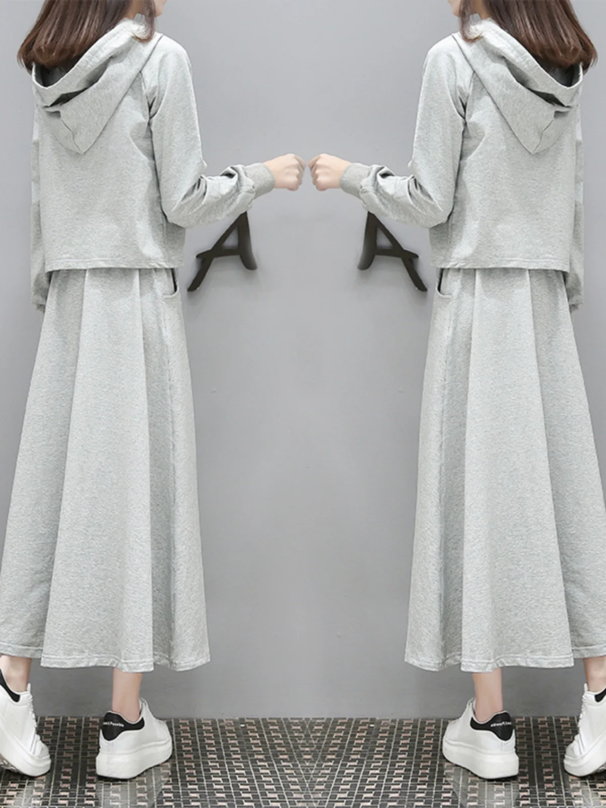 طقم فستان هودي أنيق للتنحيف بمقاسات كبيرة يغطي البطن، تصميم شبابي جذاب لخريف 2024 بأكمام طويلة من البوليستر