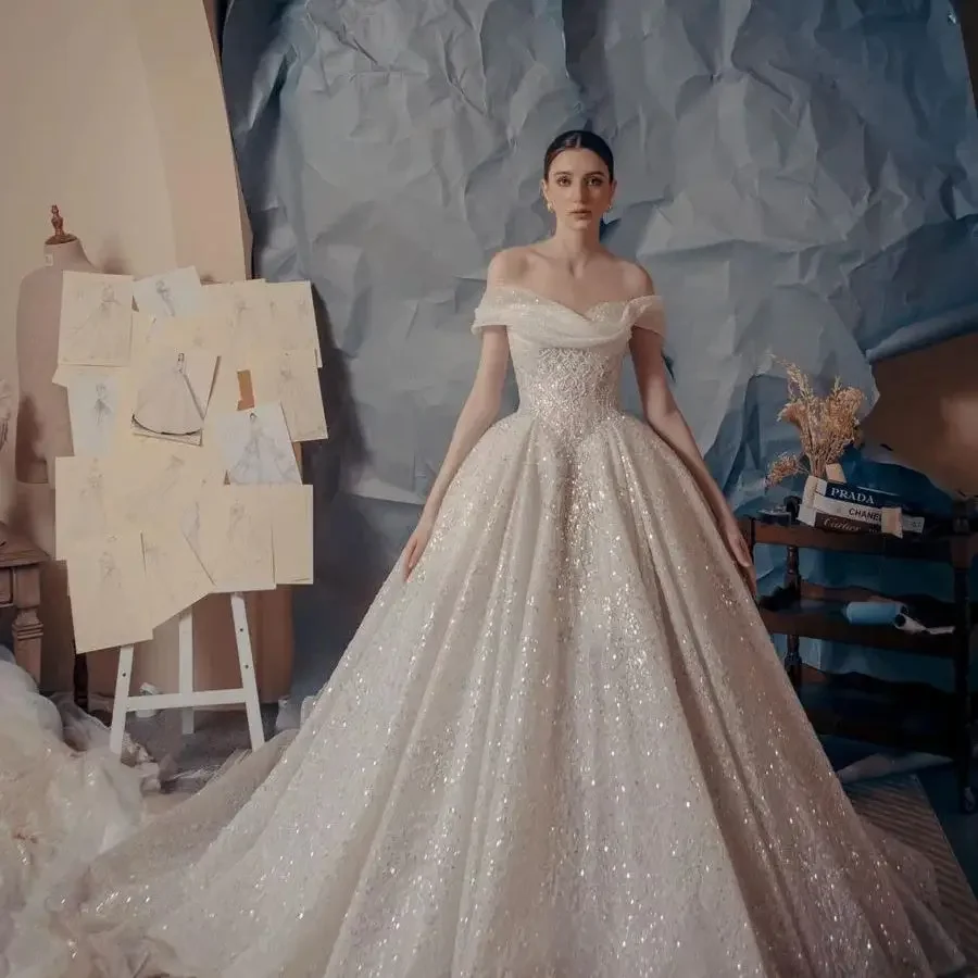 

Customized Luxury Sequins Crystal Long sleeve Ball Gown Wedding Women Sleeveless Off-Shoulder Bridal Gown Sweep Train Dresses