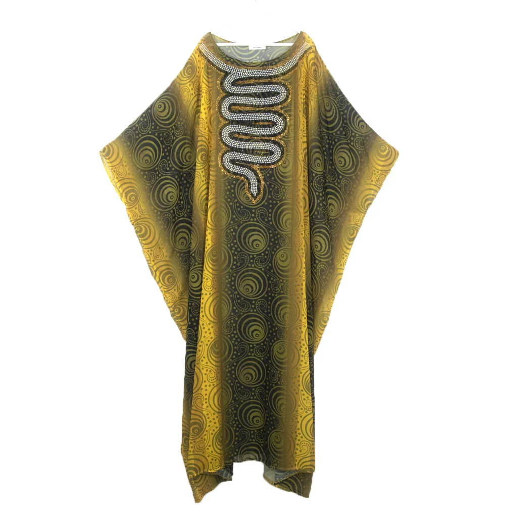 Loose bat sleeve dress robe round neck hot diamond chiffon fabric digital printed belt elastic skirt