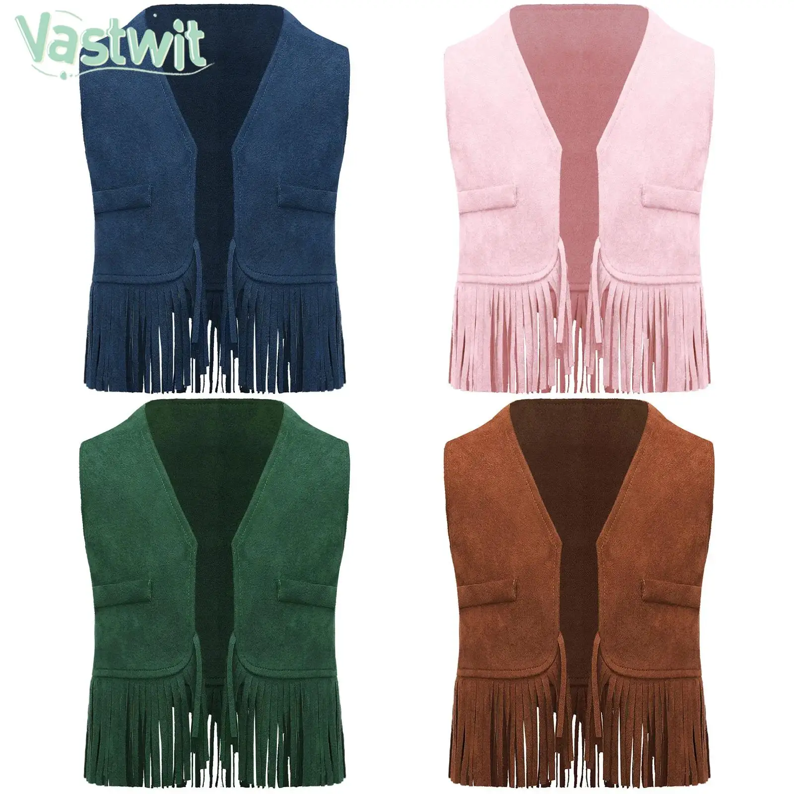 Kids Boys Girls Halloween Western Cowboy Cowgirl Cosplay Costume Retro Suede Tassels Vest Waistcoat for Carnival Theme Party