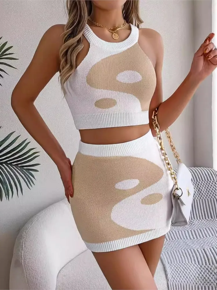 Women's Spring Summer Fashion Printed Color Contrasting Sexy Sleeveless Umbilical Top Hip Wrapping Skirt Knitted Set