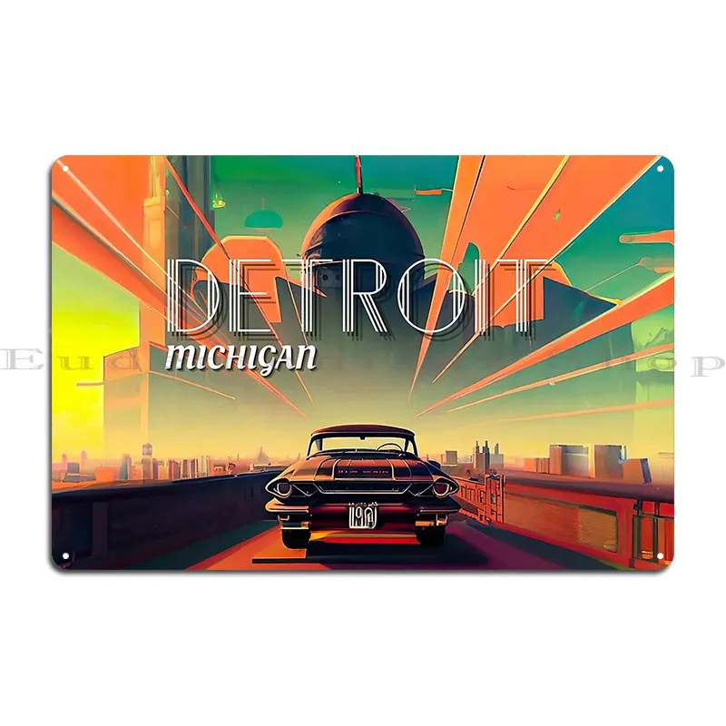 Detroit Motor City Retrofuturism Metal Sign Printed Wall Decor Wall Decor Cinema Cinema Tin Sign Poster