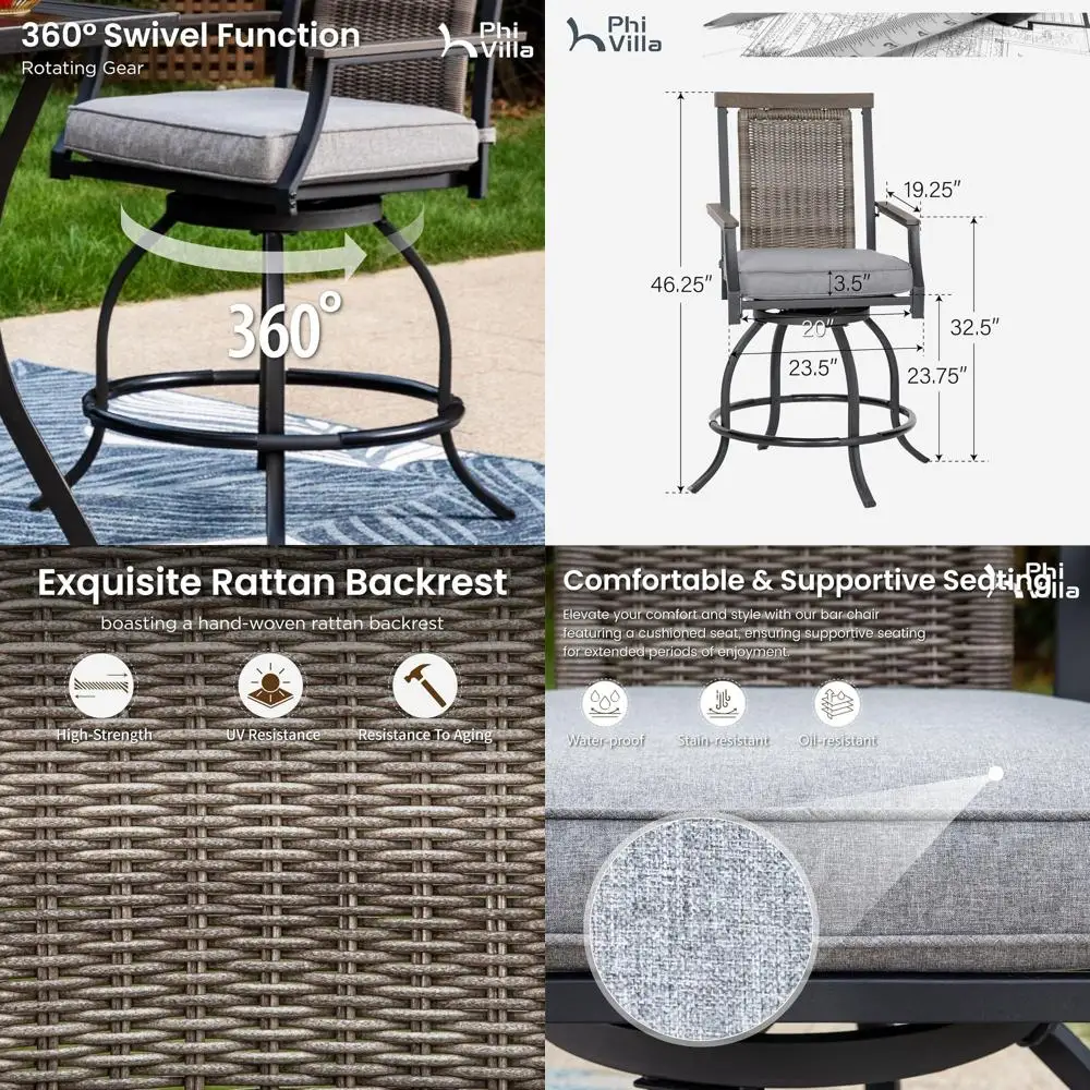 

Set of 2 Outdoor Swivel Bar Stools, 24 Counter Height, Rattan Backrest, Wood-Like Armrests for Patio, Garden, Deck