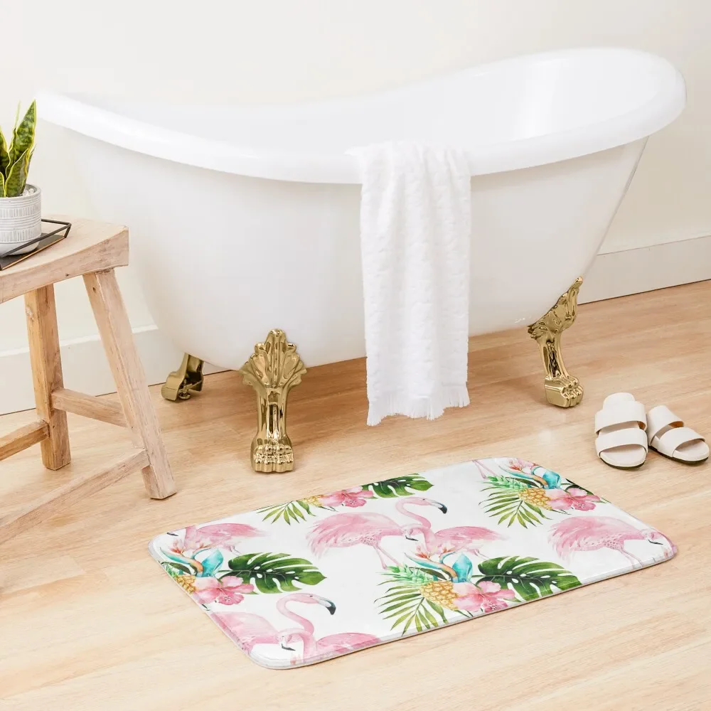 

Pink Flamingo + Tropical Foliage + Pinapples Bath Mat Rugs Living Room Anti-Skid Shower Mat