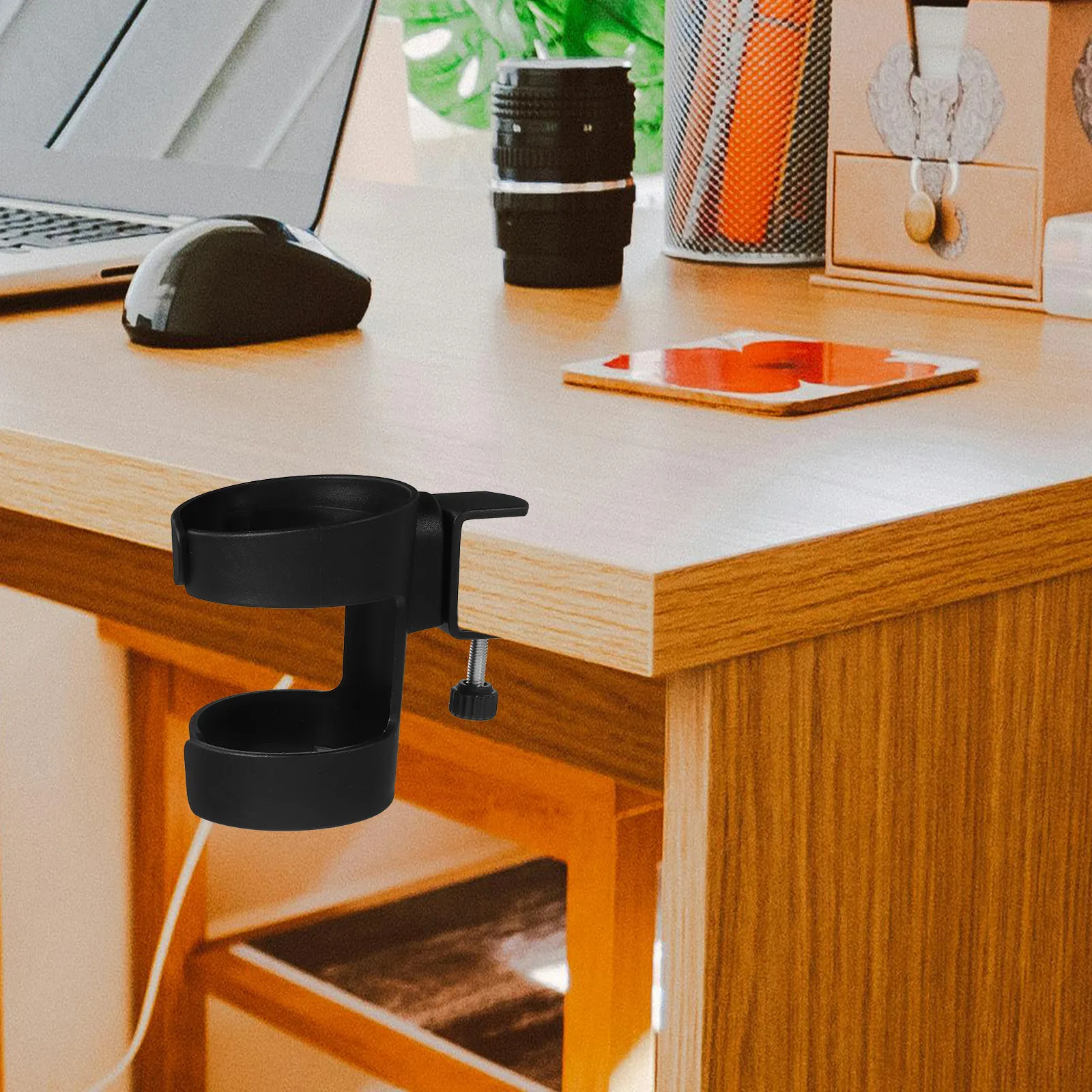 Adjustable Clamp-on Desk Cup Holder Universal Design Securely Holds Mugs Bottles Drink Containers Table Edge Organizer - view 3