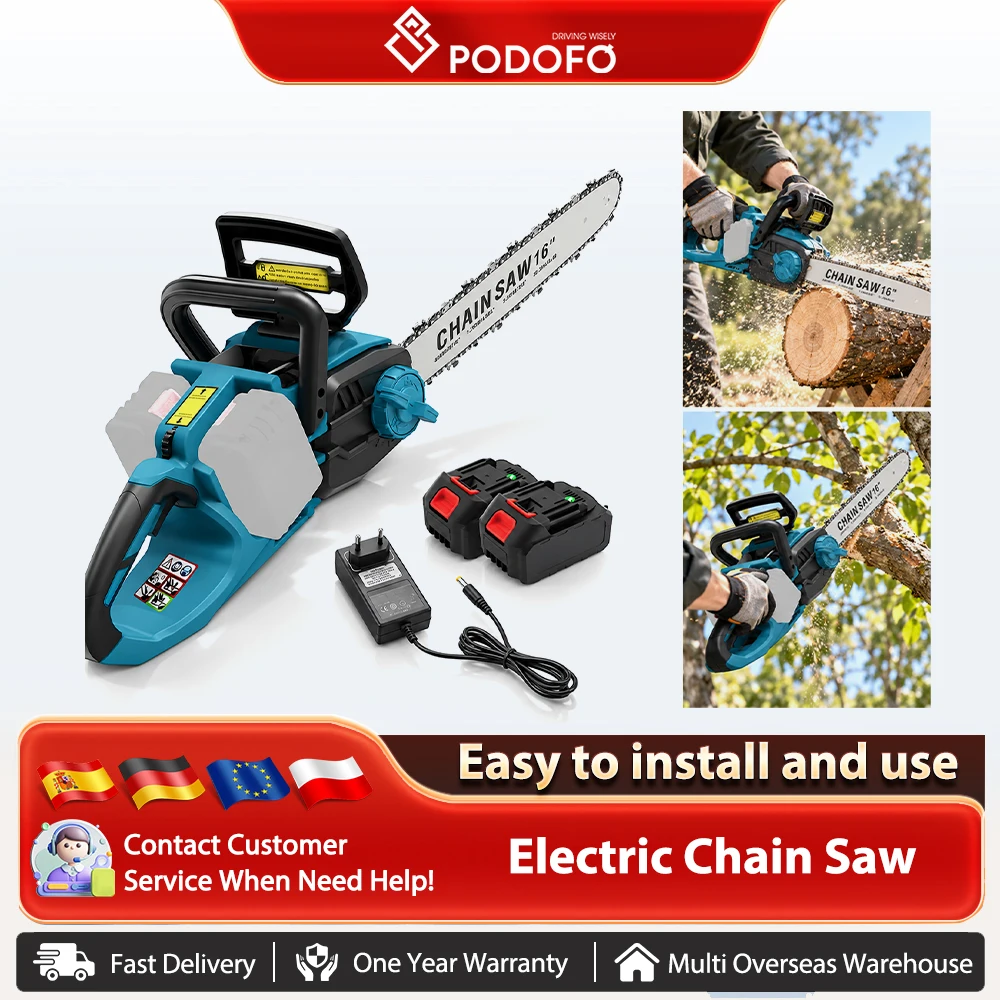 Podofo, motosega elettrica a batteria da 16 pollici, motosega portatile per tagliare rami, utensili per lavorazione del legno, ideale per giardinaggio, potatura e agricoltura.