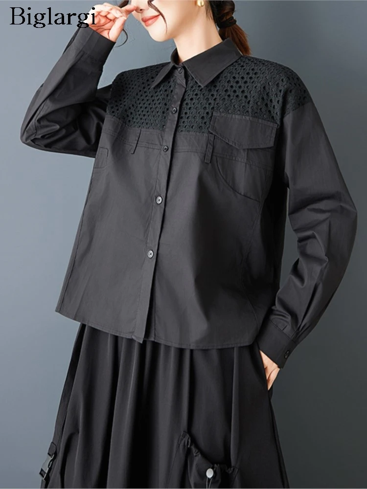 

Oversized Spring Shirts Women Long Sleeve Fashion Hollow Out Patchwork Ladies Cropped Blouses Loose Woman Casual Shirt