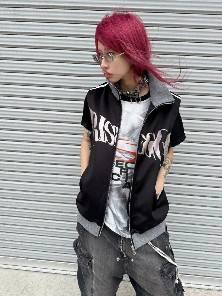 Letter Printing Streetwear Vintage Vest Coat Y2k Aesthetic Casual Loose ​Tank Top Harajuku Patchwork Stand Neck Grunge Camisole