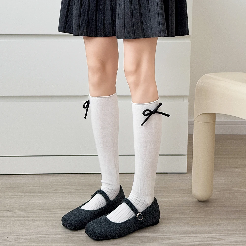 

Woman Japanese Fashion Stockings Solid Color Knee-length Socks Breathable Bow Decor Women's Loose Socks
