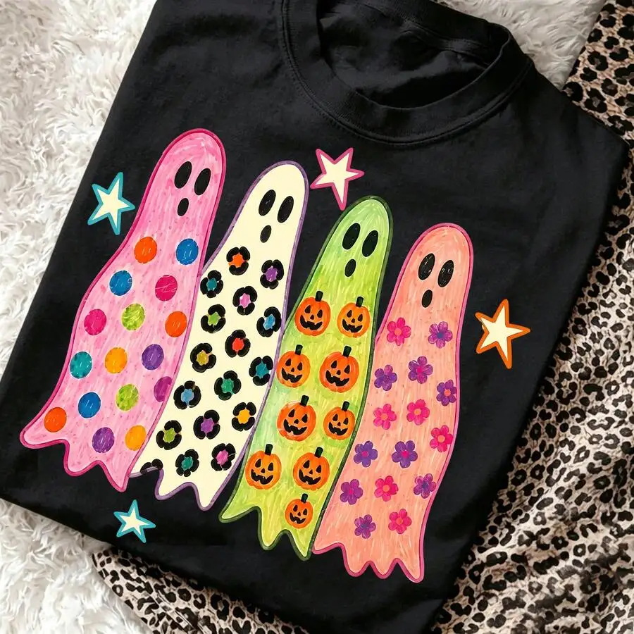 Retro Halloween Ghost & Pumpkin T-Shirt — product information 1